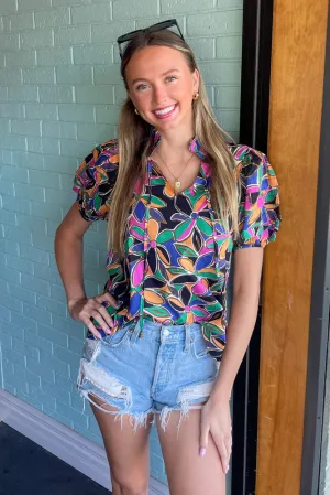Colorful Floral High Neck Top-Black