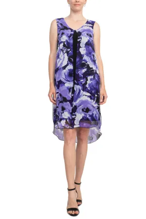 Connected Apparel Scoop Neck Sleeveless Floral Print Chiffon Overlay Stretch Crepe Dress