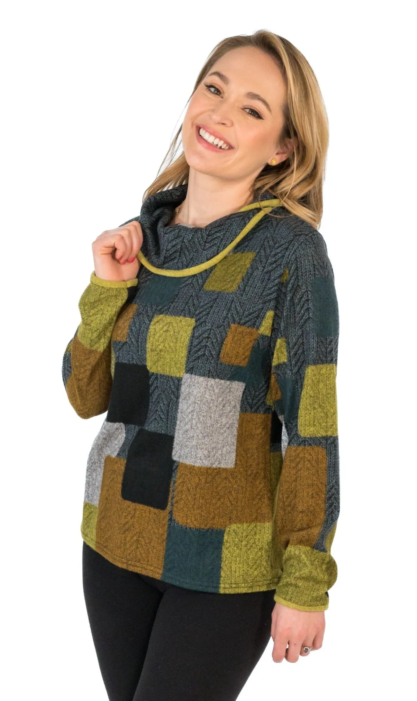 Contrast Trim Print Cowl Neck Pullover