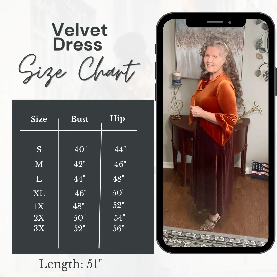 Copper/Brown Velvet Dress. S-3X.  Can Be Returned For Exchange Only!