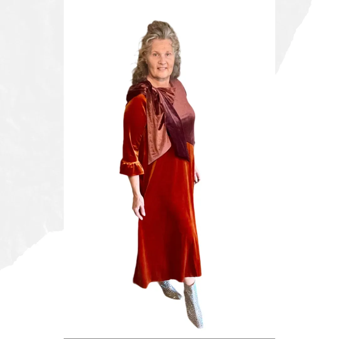 Copper/Brown Velvet Dress. S-3X.  Can Be Returned For Exchange Only!