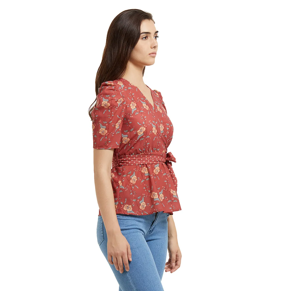 Coral Printed Half Sleeves Top with Tie-up Waist