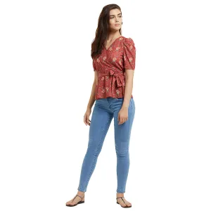 Coral Printed Half Sleeves Top with Tie-up Waist