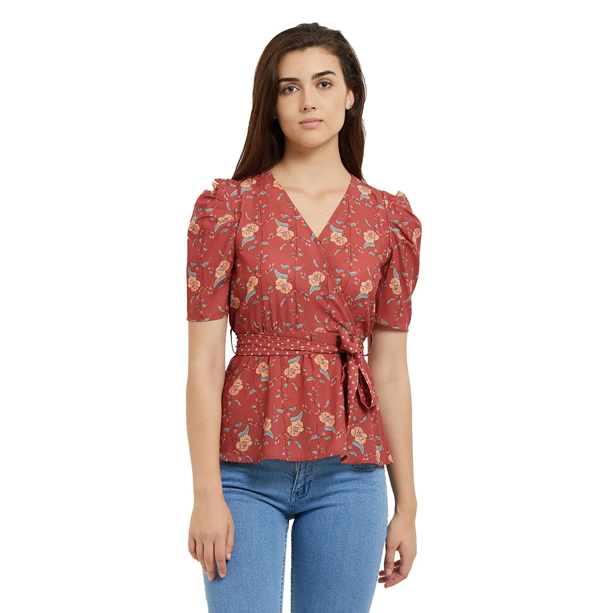 Coral Printed Half Sleeves Top with Tie-up Waist