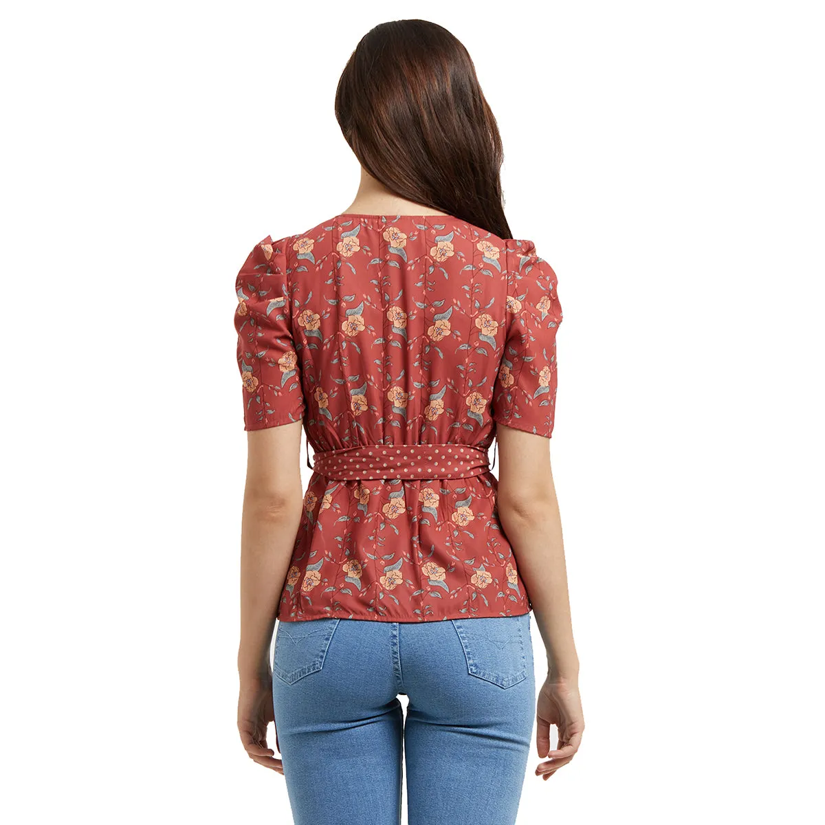 Coral Printed Half Sleeves Top with Tie-up Waist
