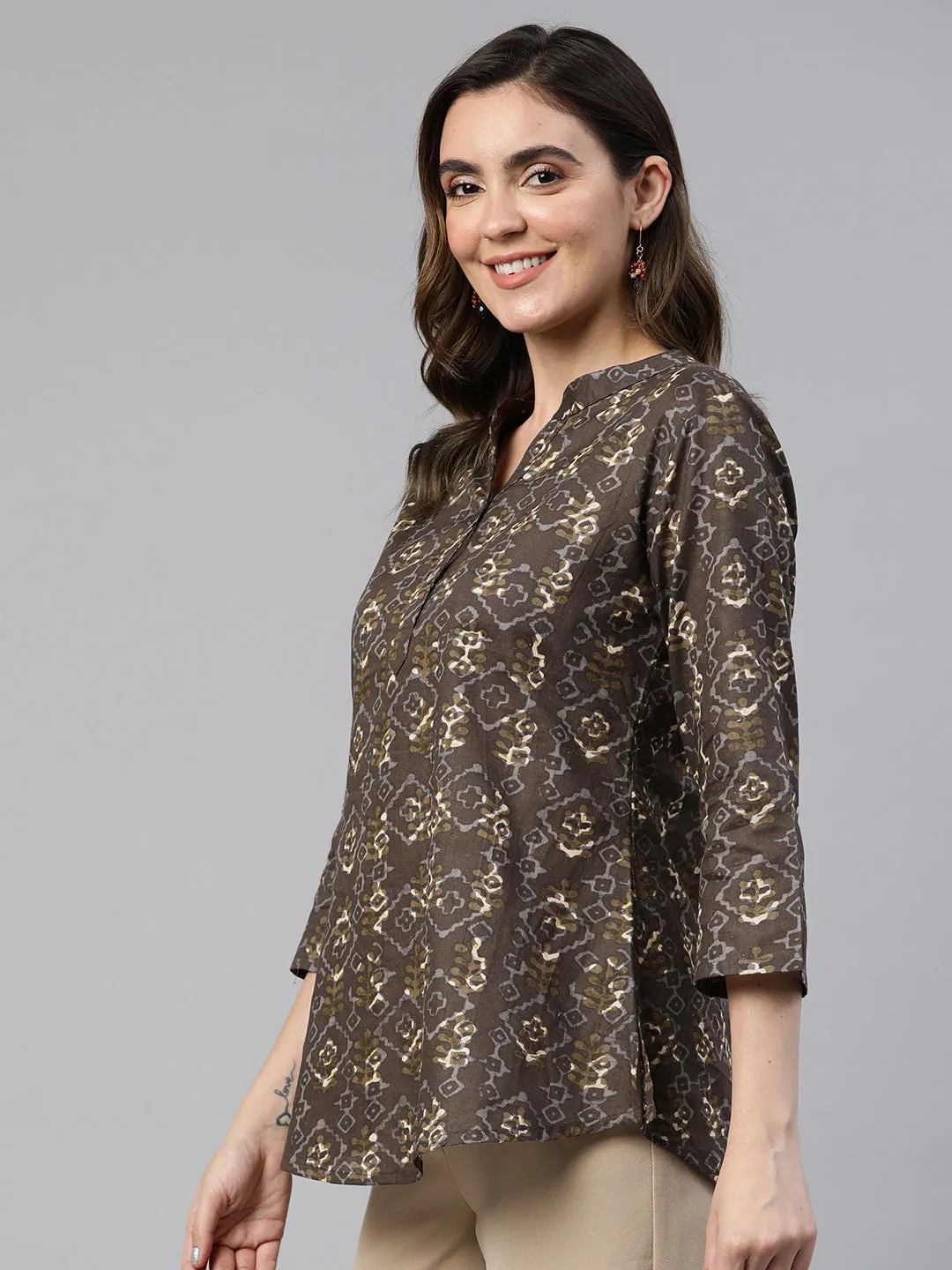 Cottinfab Geometric Print Mandarin Collar Cotton Longline Top