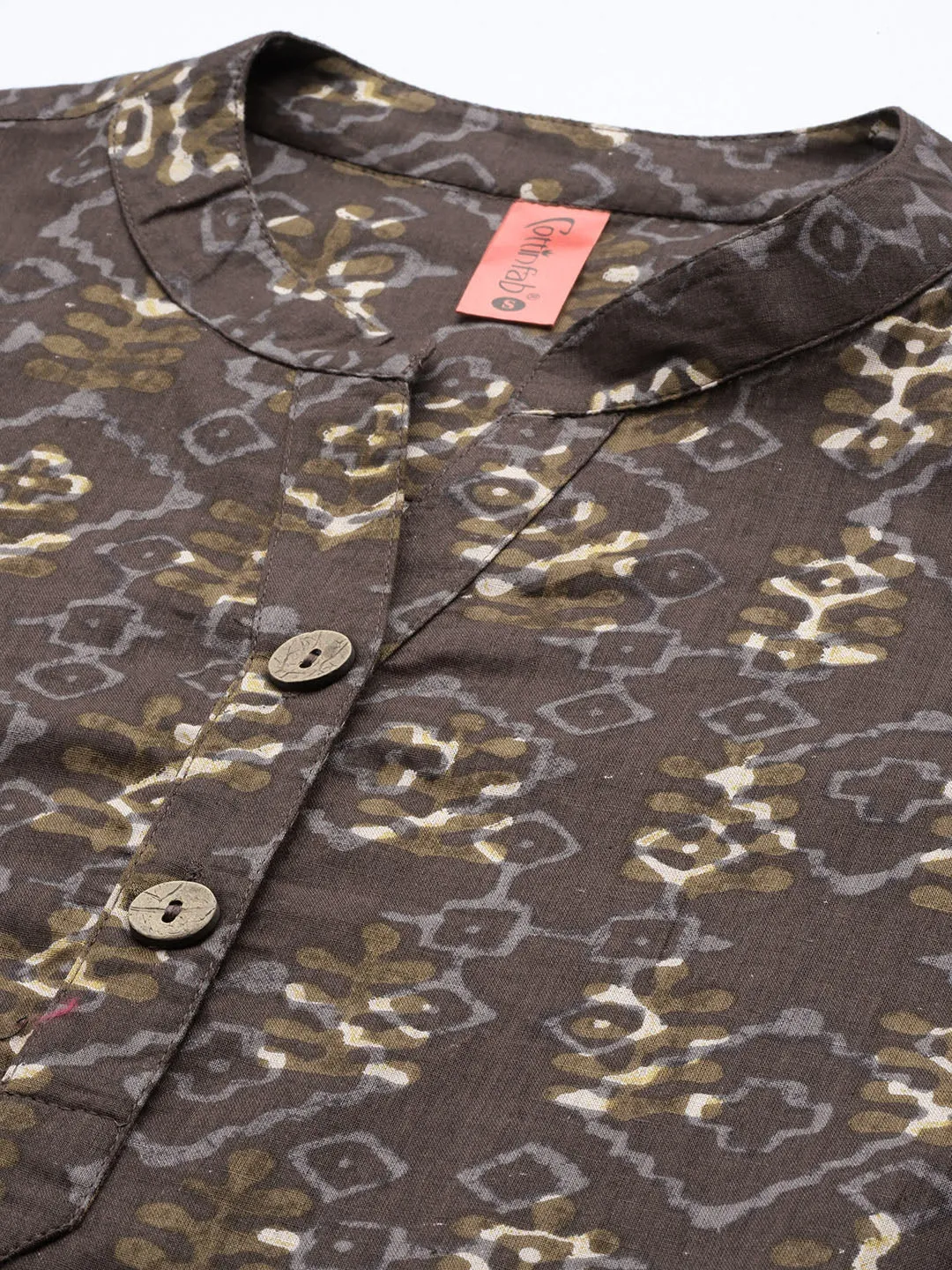 Cottinfab Geometric Print Mandarin Collar Cotton Longline Top