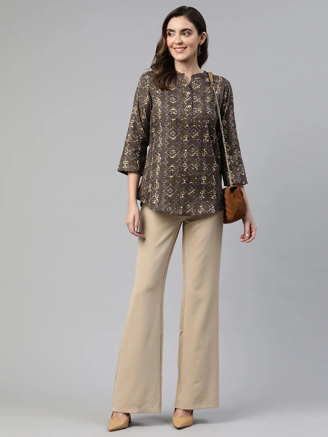 Cottinfab Geometric Print Mandarin Collar Cotton Longline Top