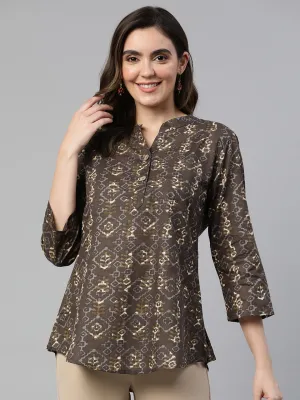 Cottinfab Geometric Print Mandarin Collar Cotton Longline Top