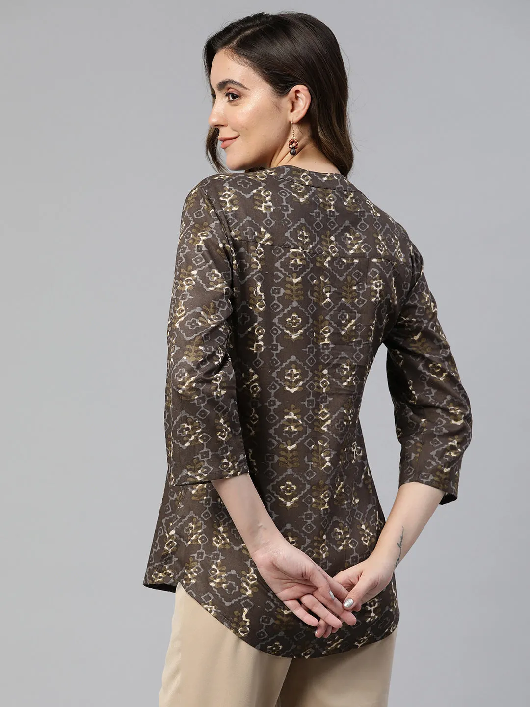 Cottinfab Geometric Print Mandarin Collar Cotton Longline Top