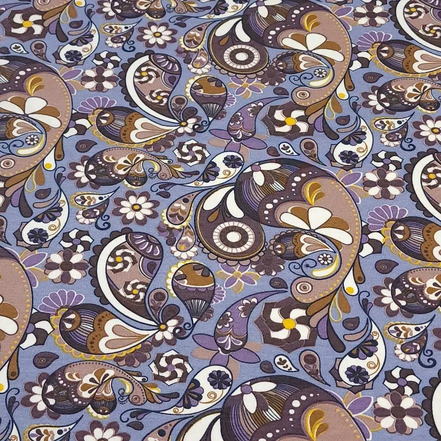 Cotton Knit Fabric Pretty Purple Brown Paisley Print for Apparel, European Quality, 4 Way Stretch Cotton Spandex- Sold by the 1/2 yard