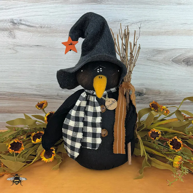 Crowella the Crow – Handmade Primitive: Whimsical Soft Sculpture Collectible Black Crow for Fall Décor by Honey and Me, Inc™