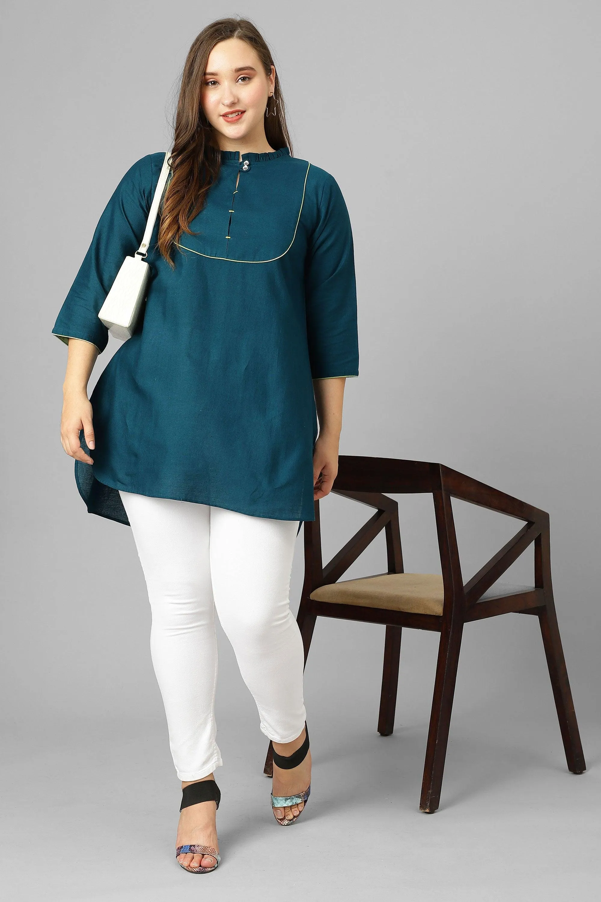 Curvy Lane Women Plus Size Pleated Round Neck Long Top with Lacework