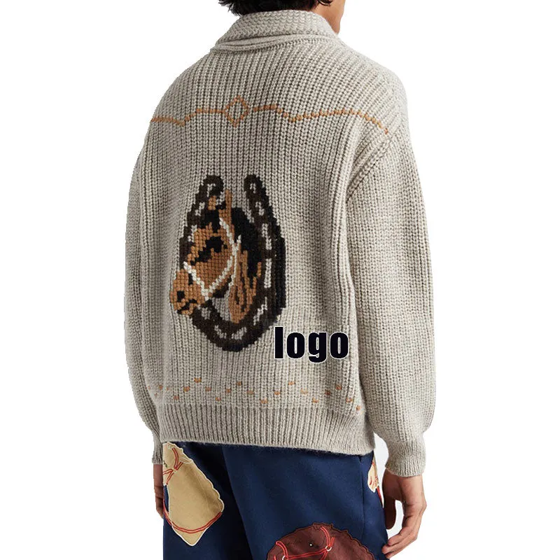 Custom Man Wool Blend Knit Sweater with Turndown Collar and Custom Logo