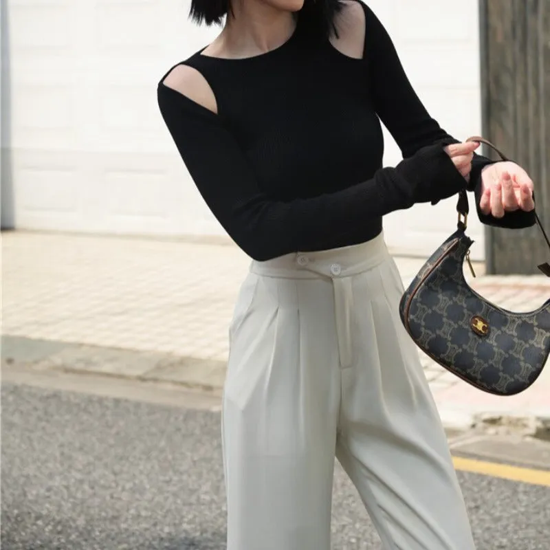 Cut Out Shoulder Long Sleeve Crop Sweater