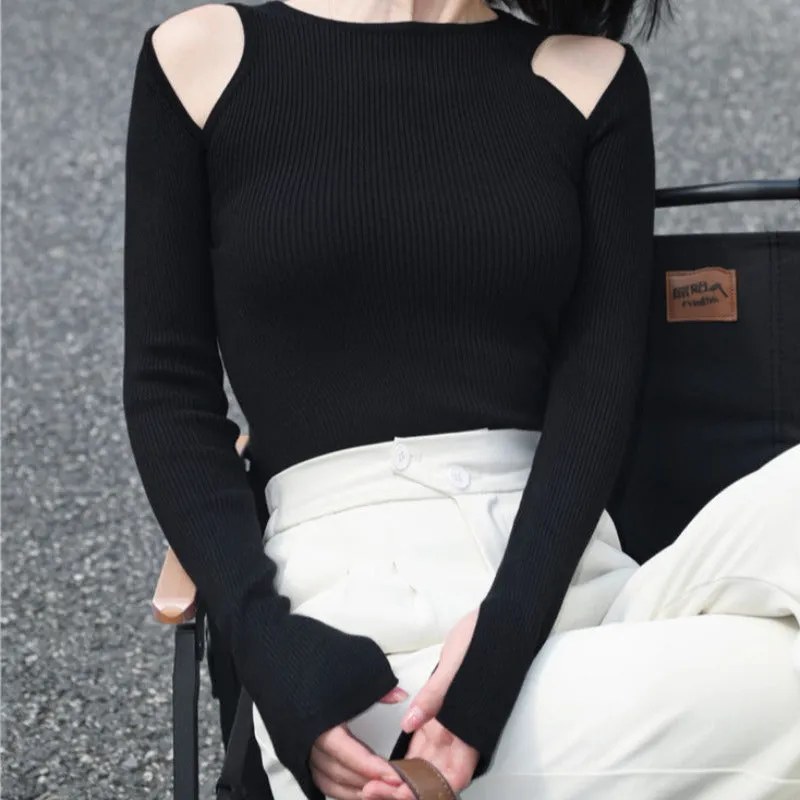 Cut Out Shoulder Long Sleeve Crop Sweater