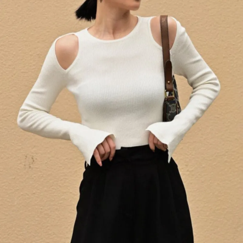 Cut Out Shoulder Long Sleeve Crop Sweater