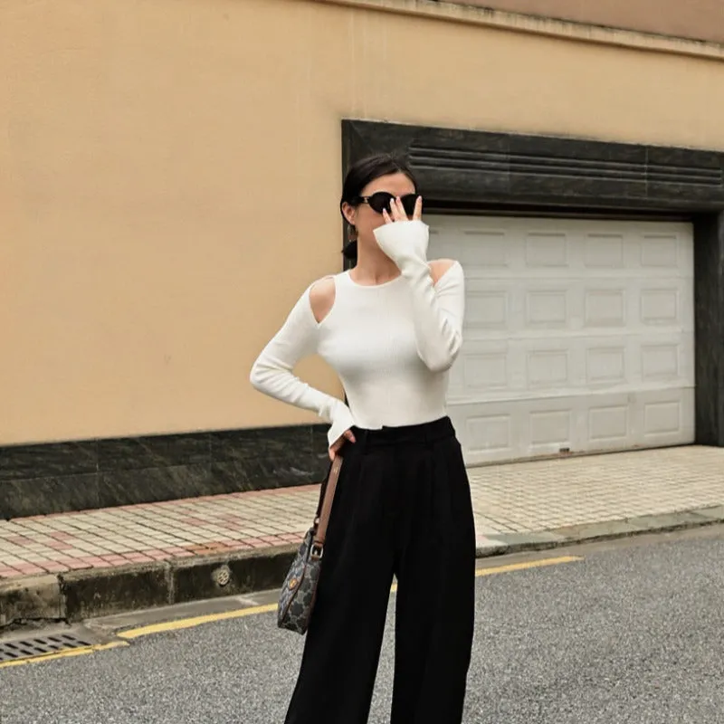 Cut Out Shoulder Long Sleeve Crop Sweater