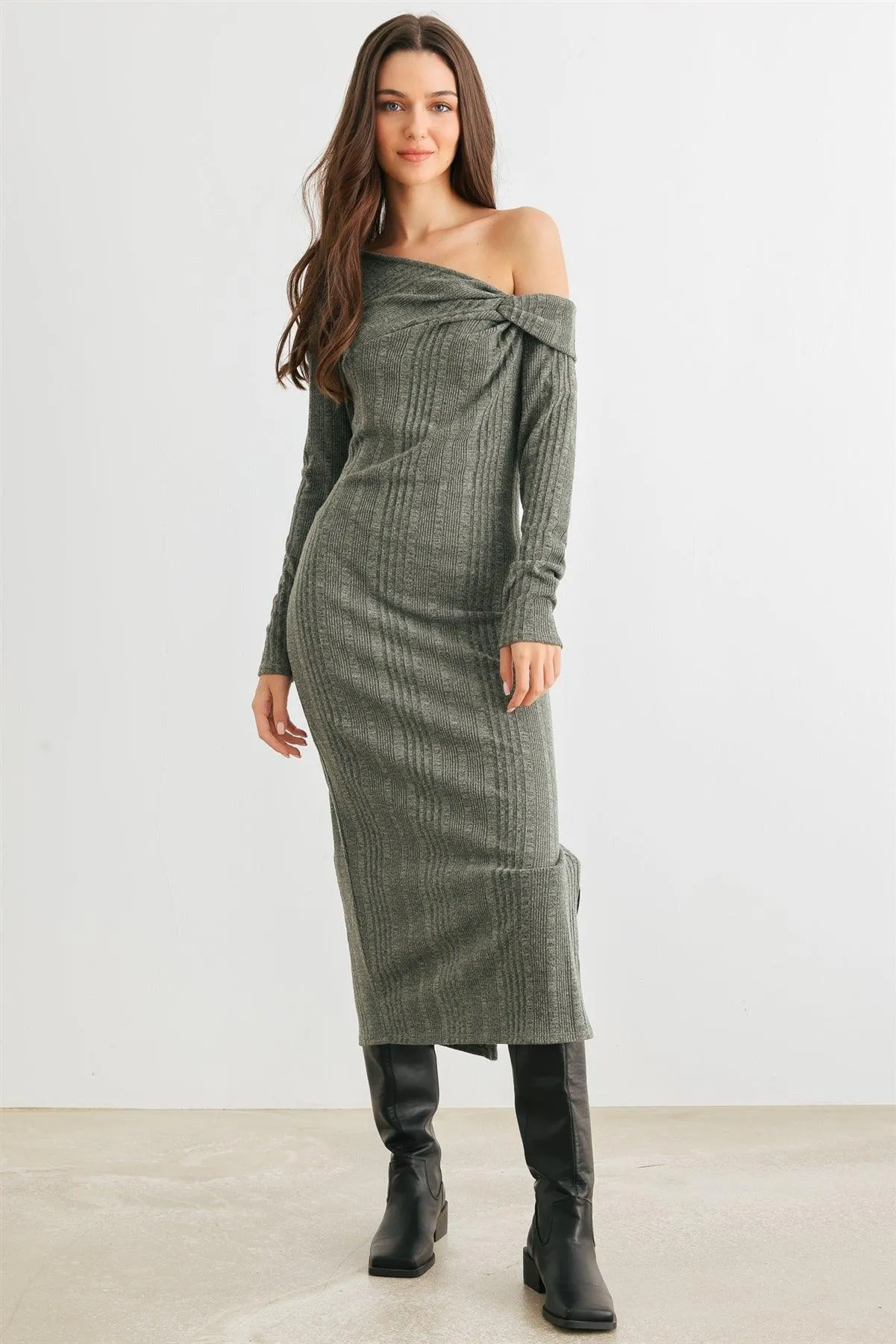 Dark Olive Ribbed Knit One Shoulder Long Sleeve Twist Detail Midi Dress /2-2-4