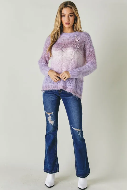 Davi & Dani Cable Knit Sequin Sweater Top - Lilac Multi