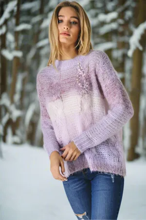 Davi & Dani Cable Knit Sequin Sweater Top - Lilac Multi