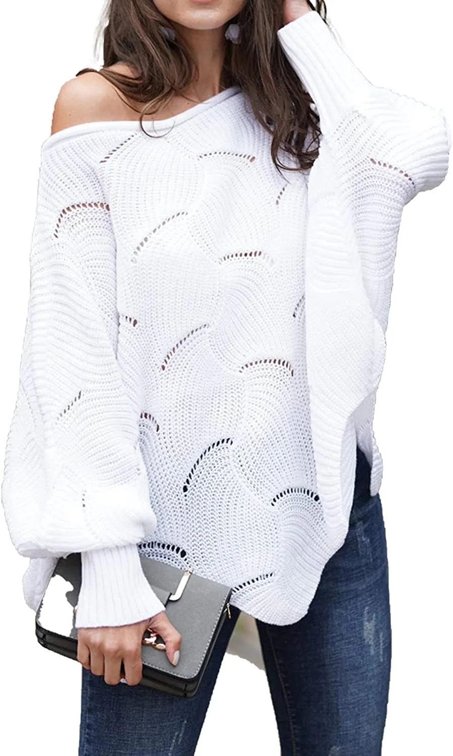 Distinctive White Batwing Sleeve Loose Sweaters Tops