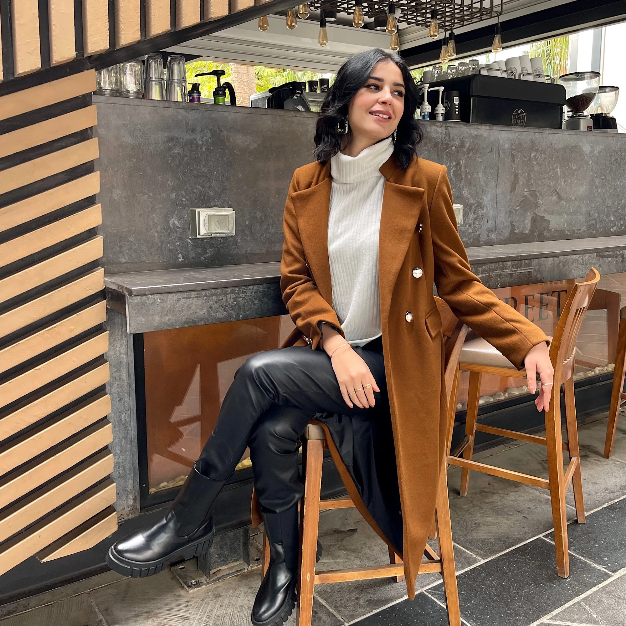 Double breasted camel wool coat