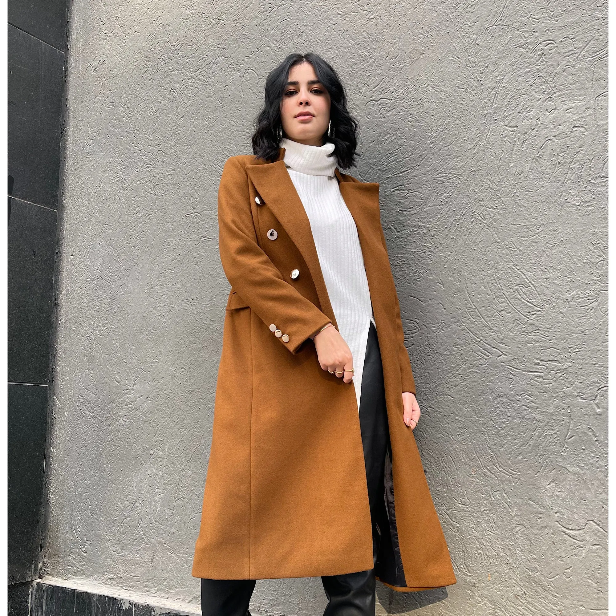 Double breasted camel wool coat