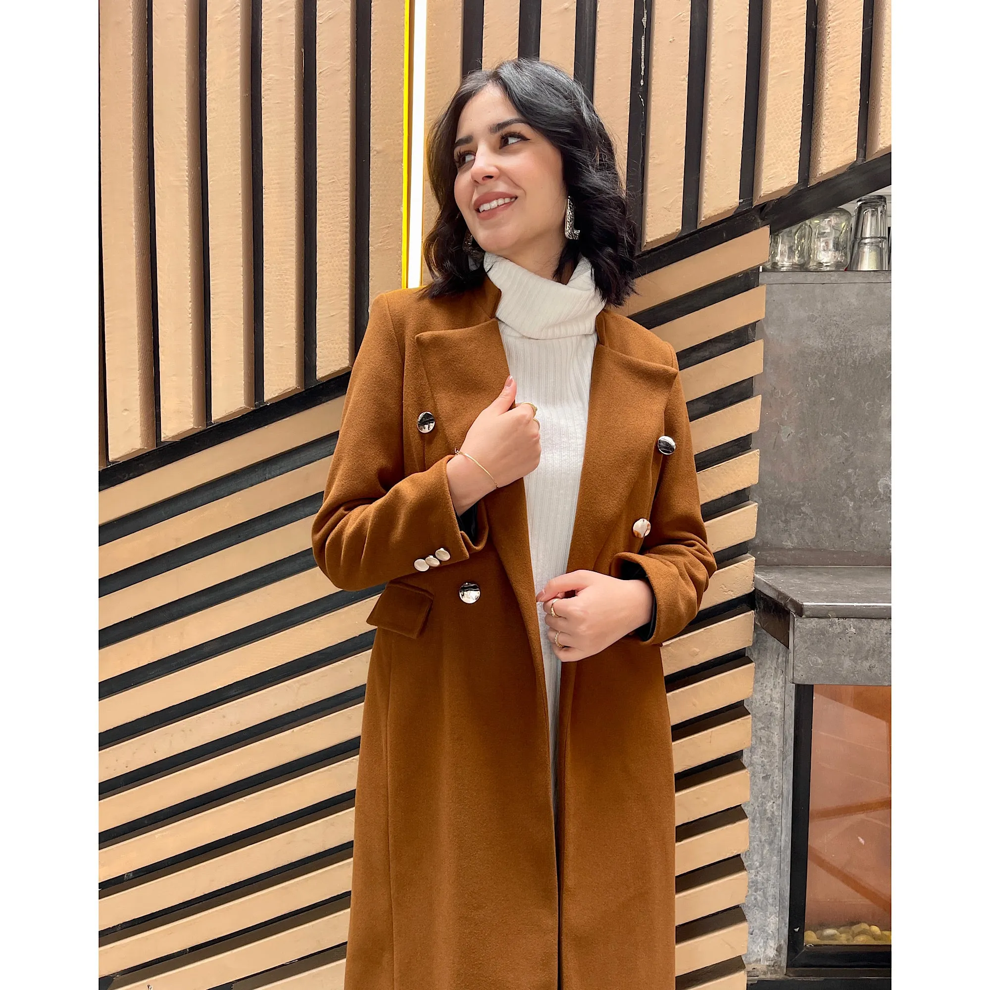 Double breasted camel wool coat