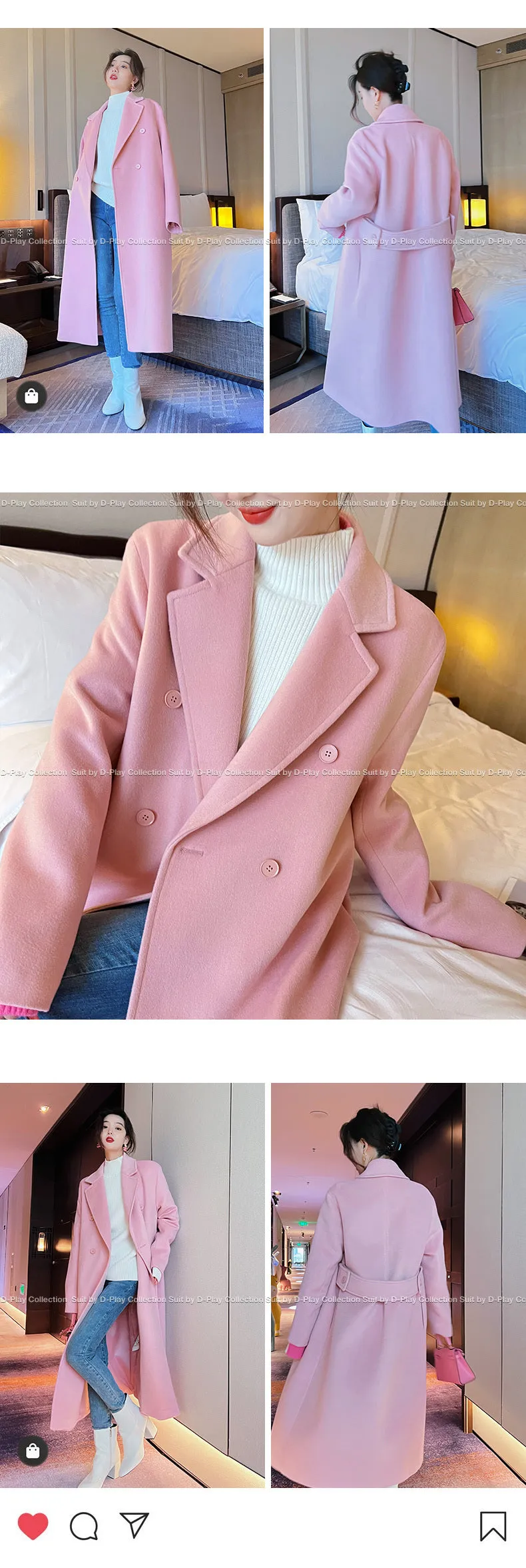 DPLAY winter tweed coat double-breasted wide belt coat - Natti