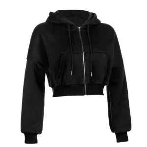 Drawstring Active Full Zip Up Hoodie - Black