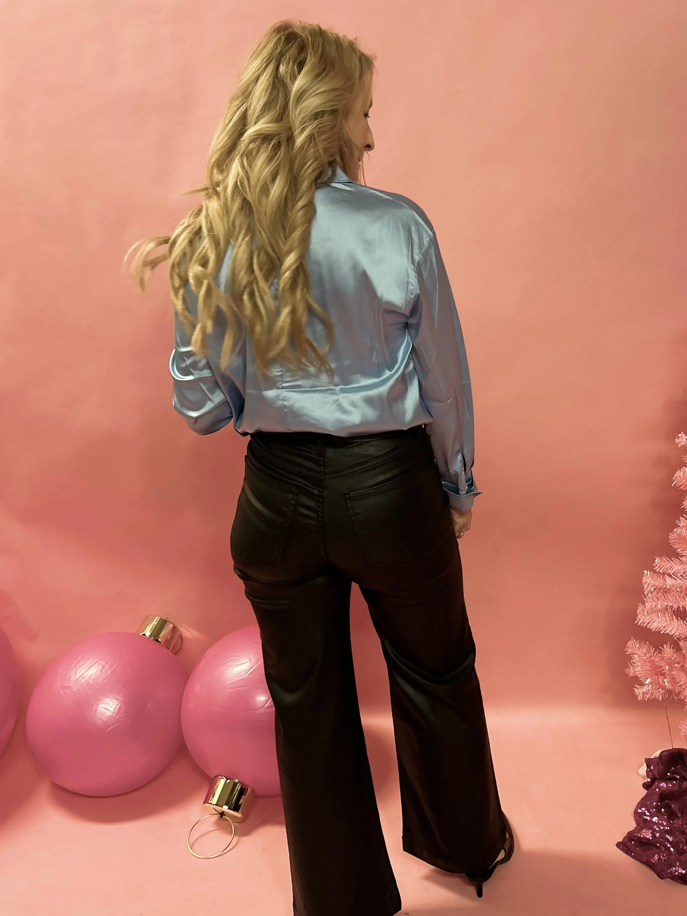 Dress to Impress Satin Button Down Blouse in Blue