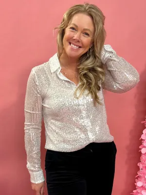 Dress to Impress Sequin  Button Down Blouse in Silver