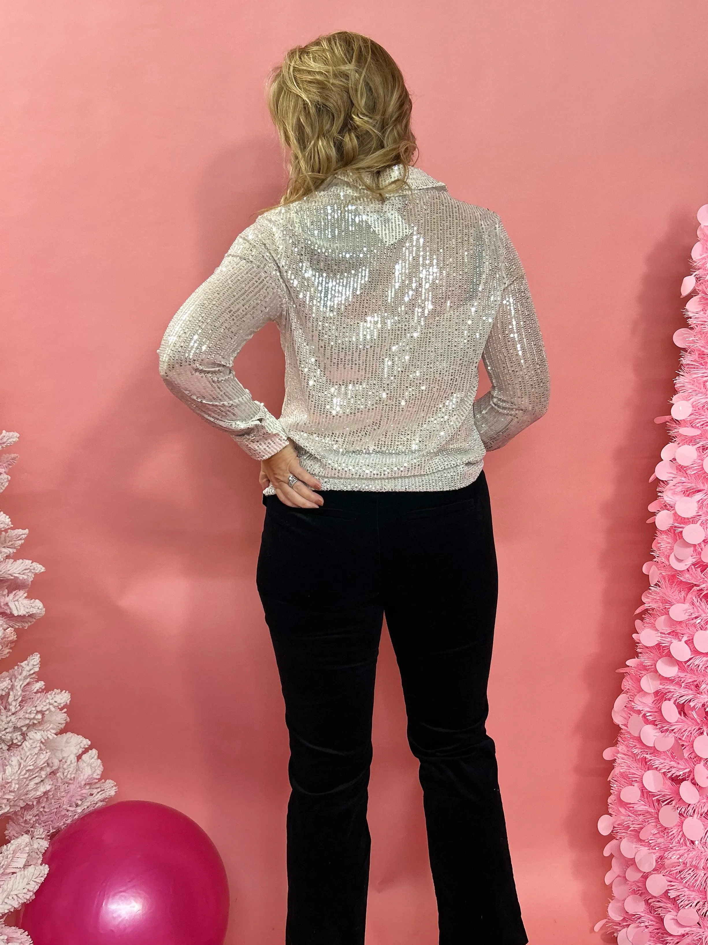 Dress to Impress Sequin  Button Down Blouse in Silver