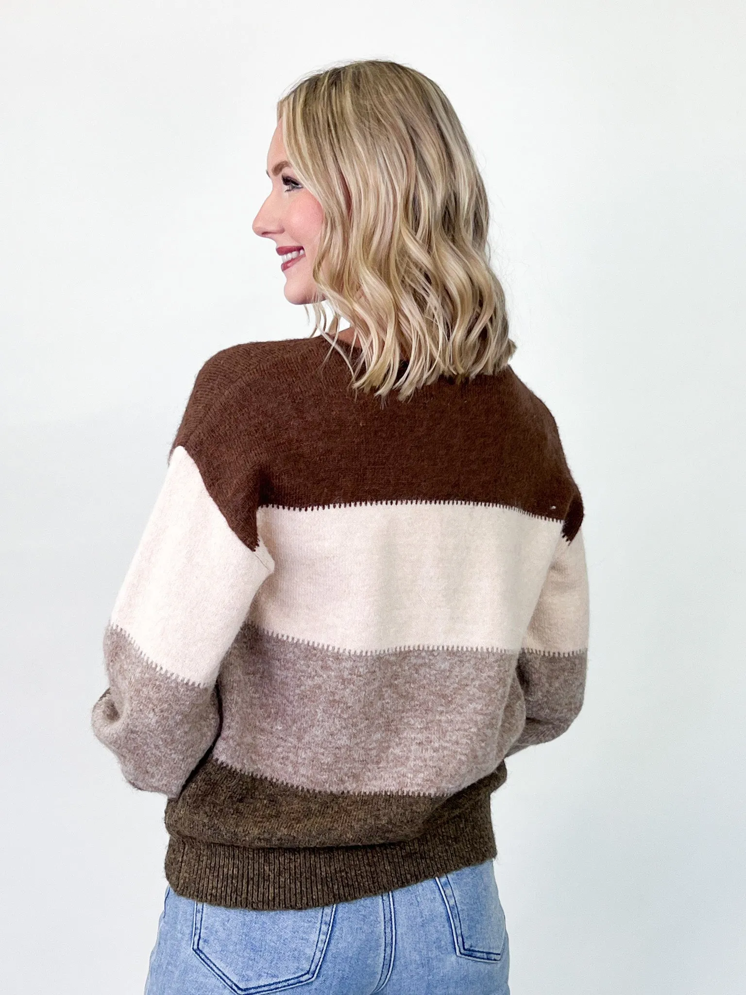 Elaine - Color Block Knit Sweater (Mocha)