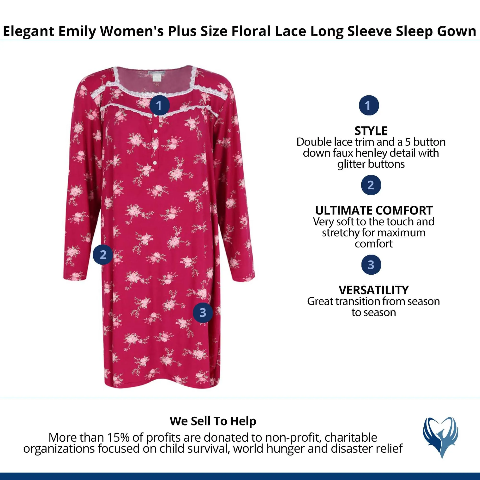 Elegant Emily Women's Plus Size Floral Lace Long Sleeve Sleep Gown