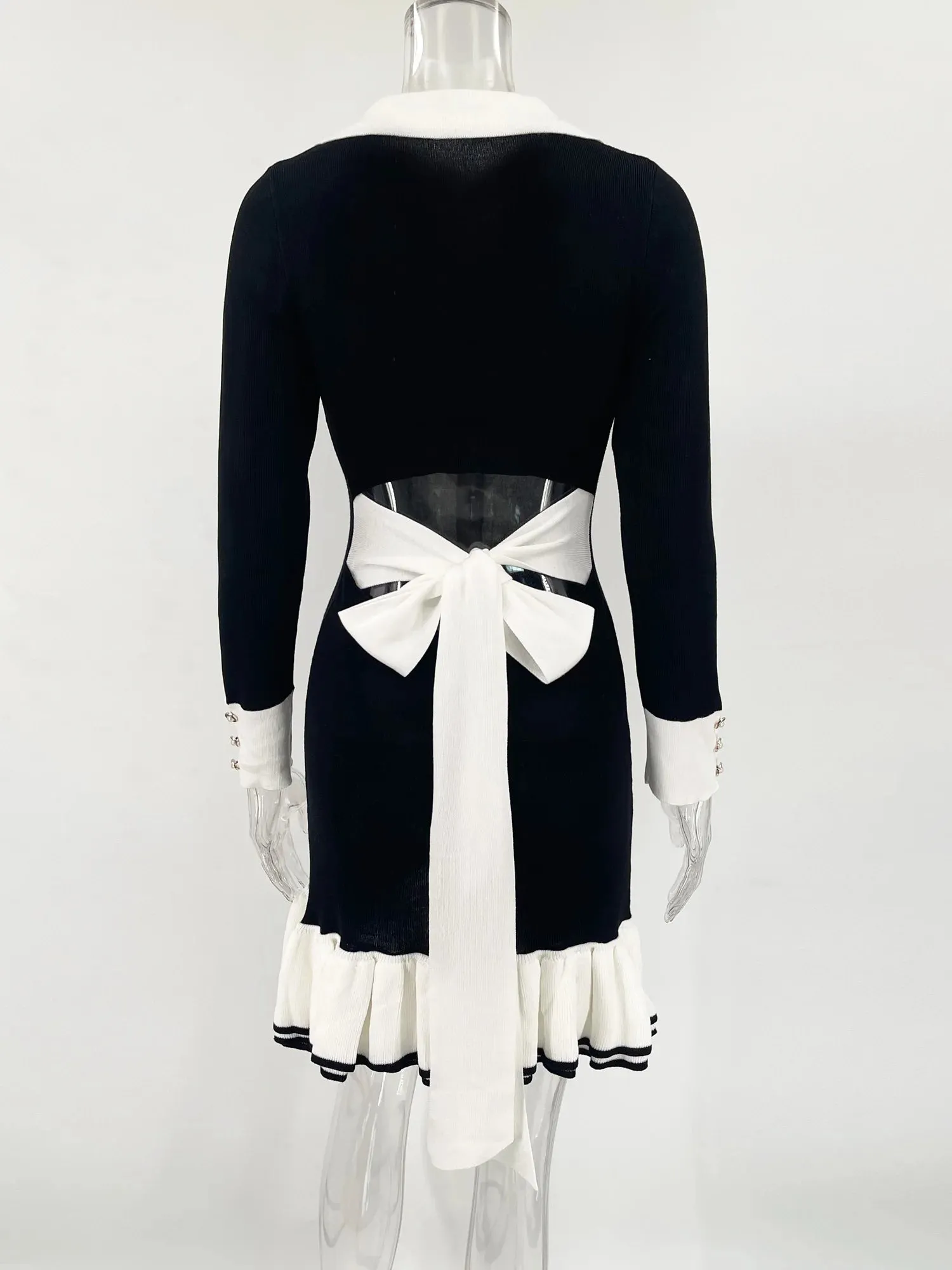 Elegant Ruffled Bow Knit Mini Backless Dress