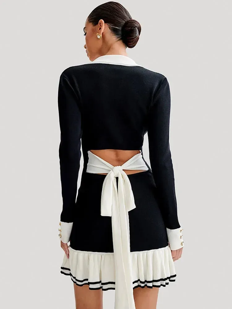 Elegant Ruffled Bow Knit Mini Backless Dress