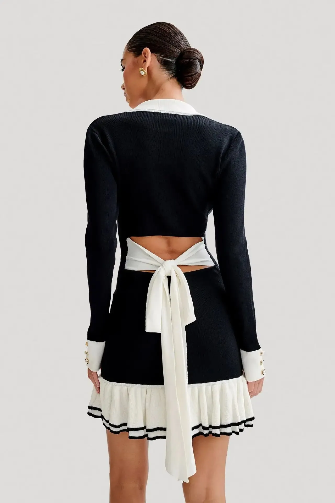 Elegant Ruffled Bow Knit Mini Backless Dress