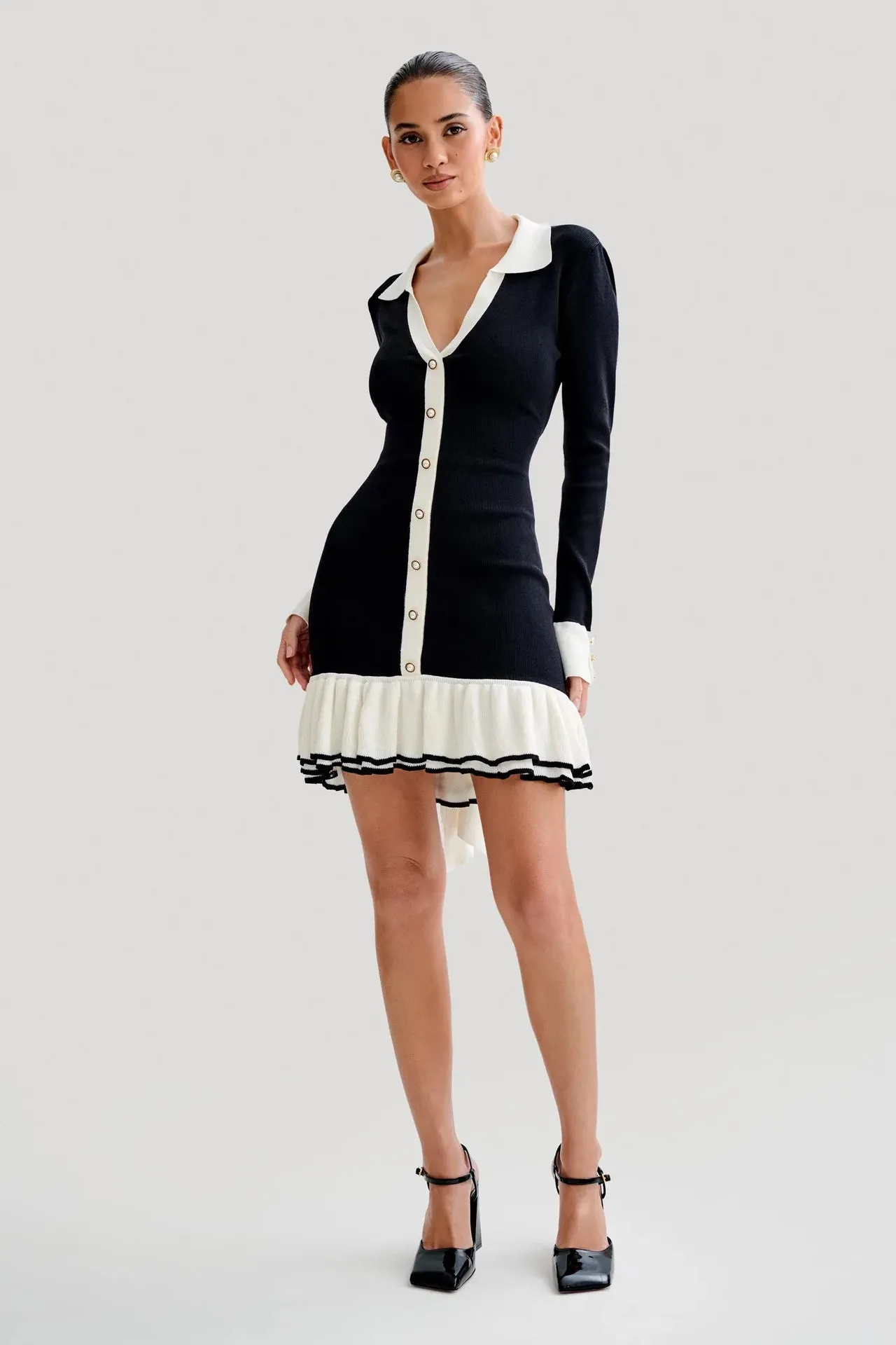 Elegant Ruffled Bow Knit Mini Backless Dress