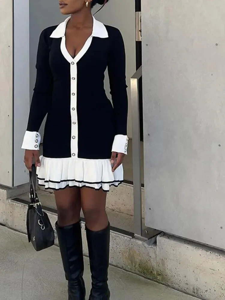 Elegant Ruffled Bow Knit Mini Backless Dress