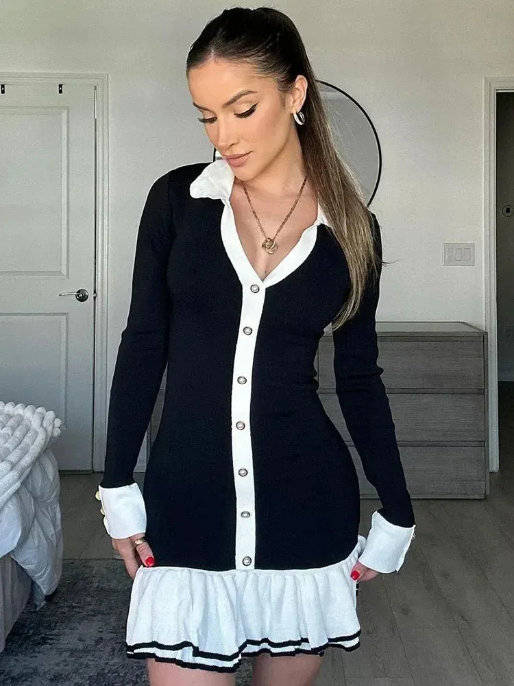 Elegant Ruffled Bow Knit Mini Backless Dress