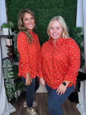 EMBROIDERED DOT BUTTON UP SHIRT - RUST