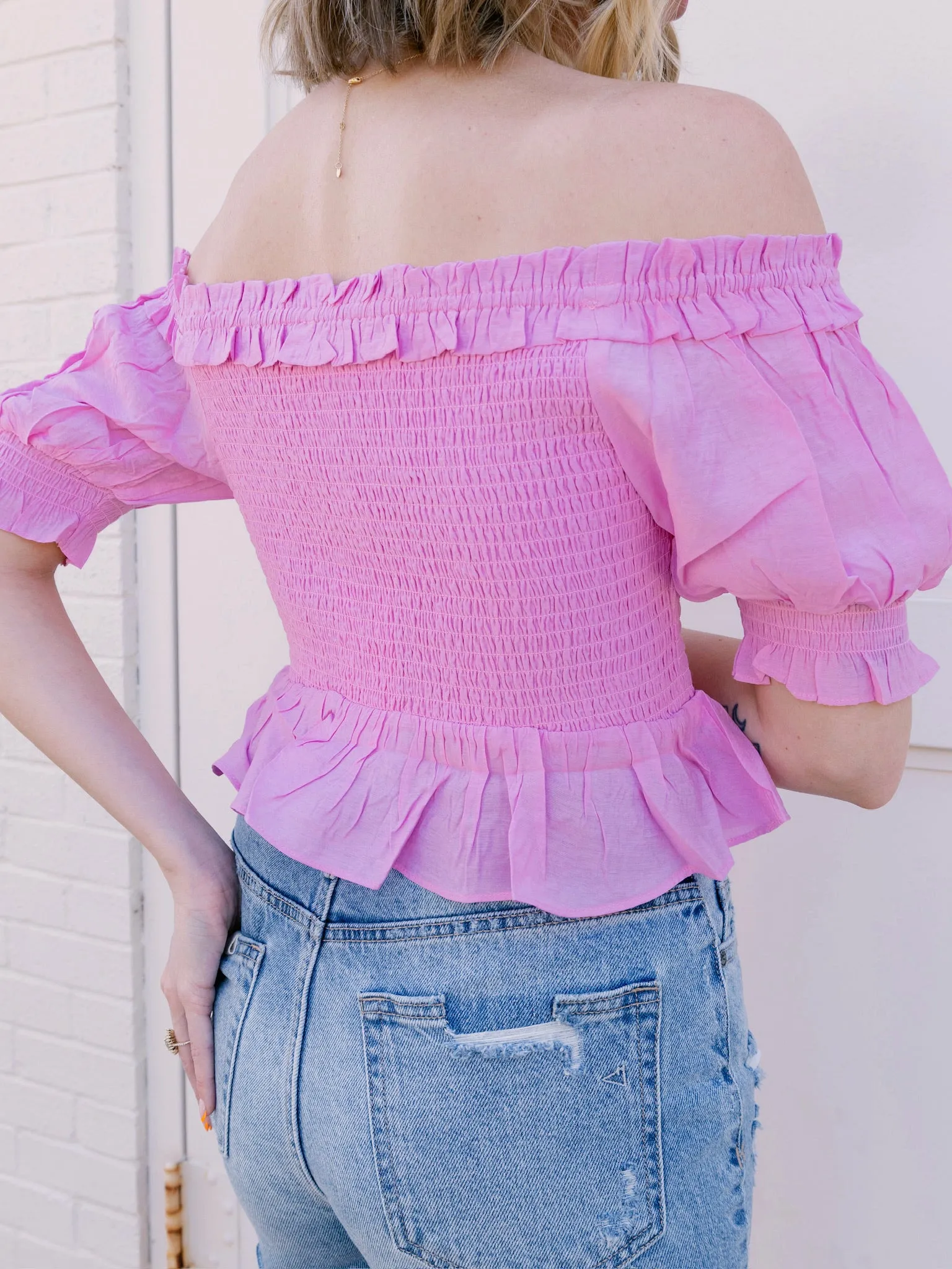Endless Rose Pink Off The Shoulder Smocked Crop Top