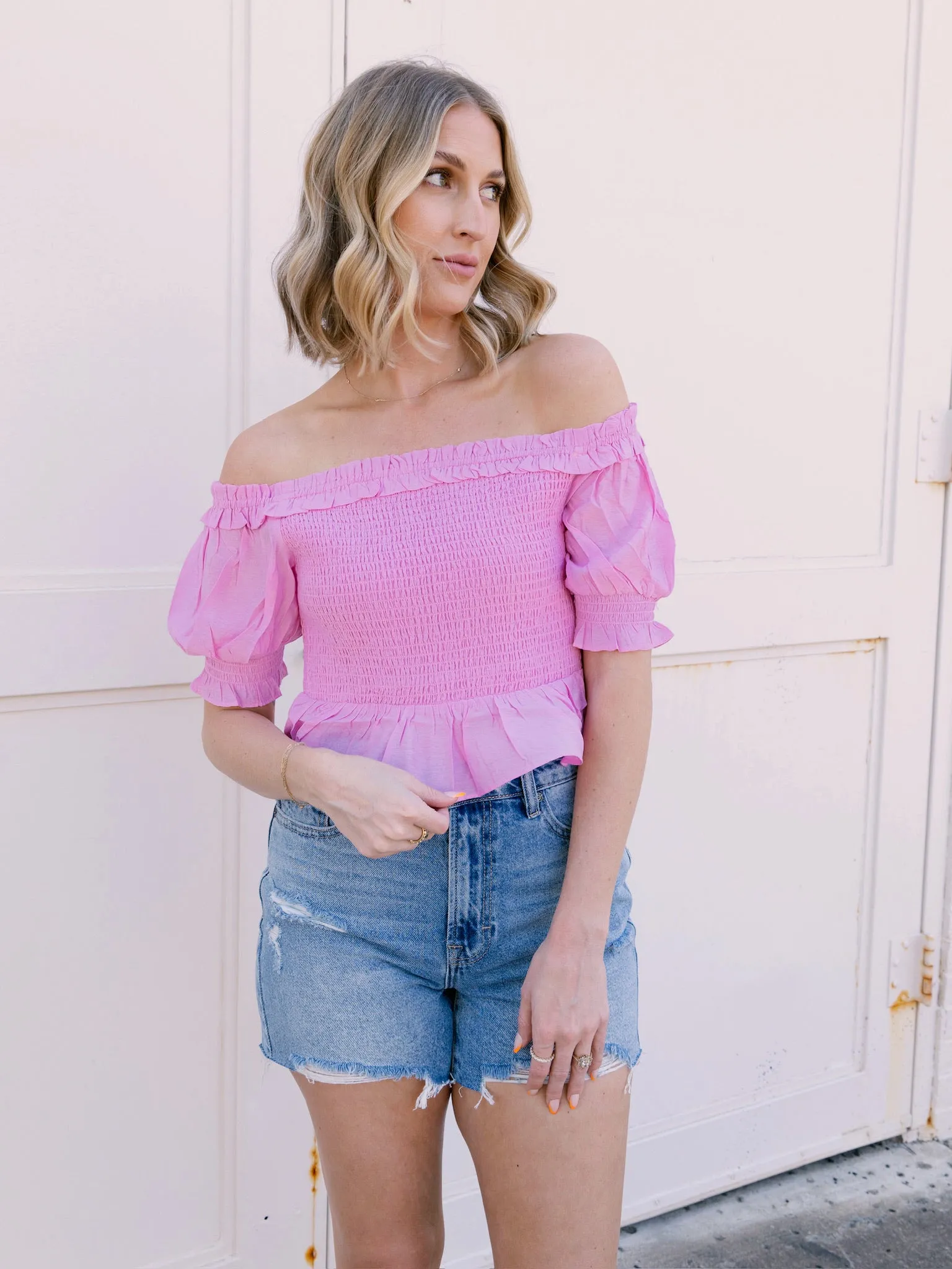 Endless Rose Pink Off The Shoulder Smocked Crop Top