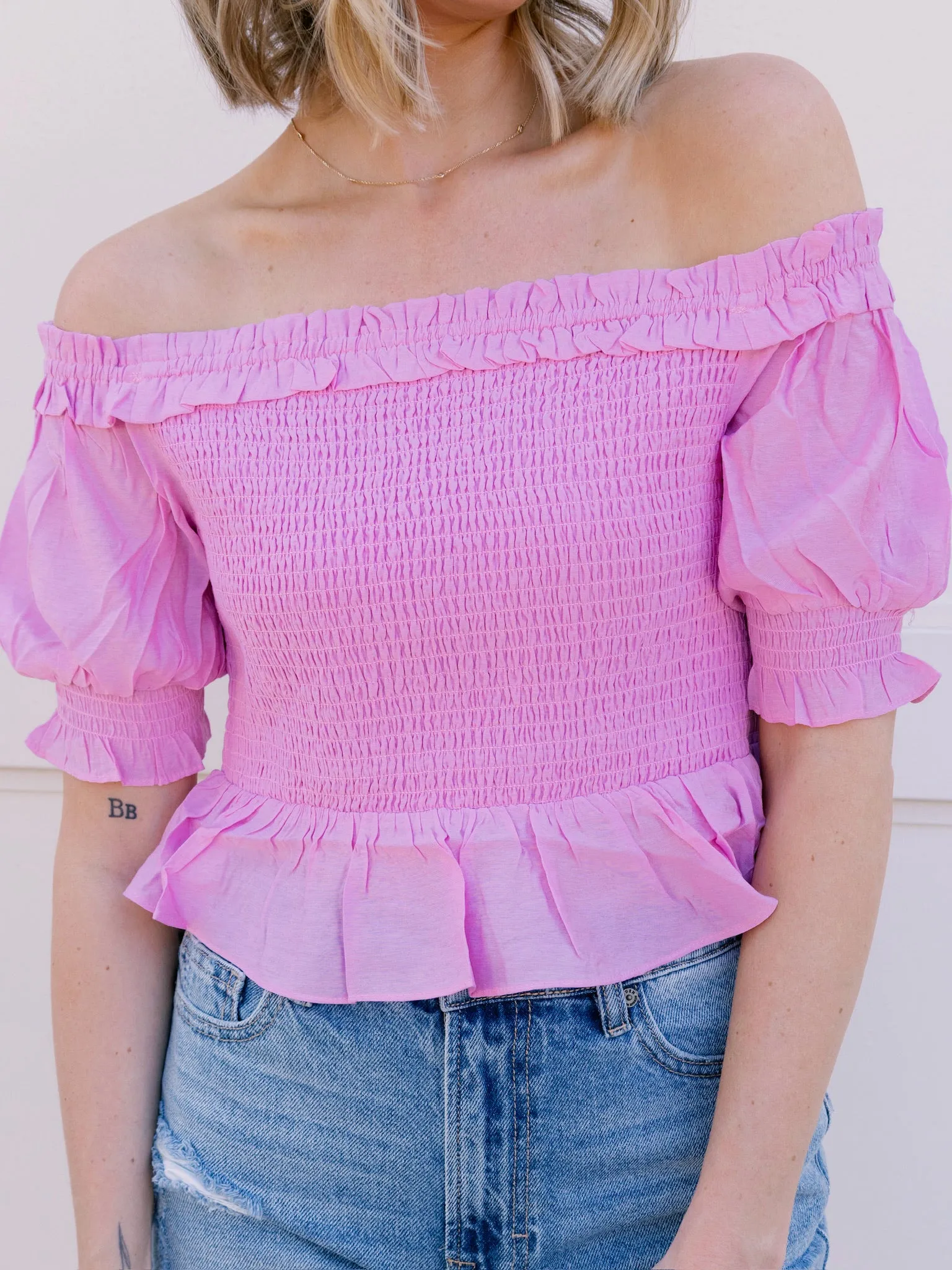 Endless Rose Pink Off The Shoulder Smocked Crop Top