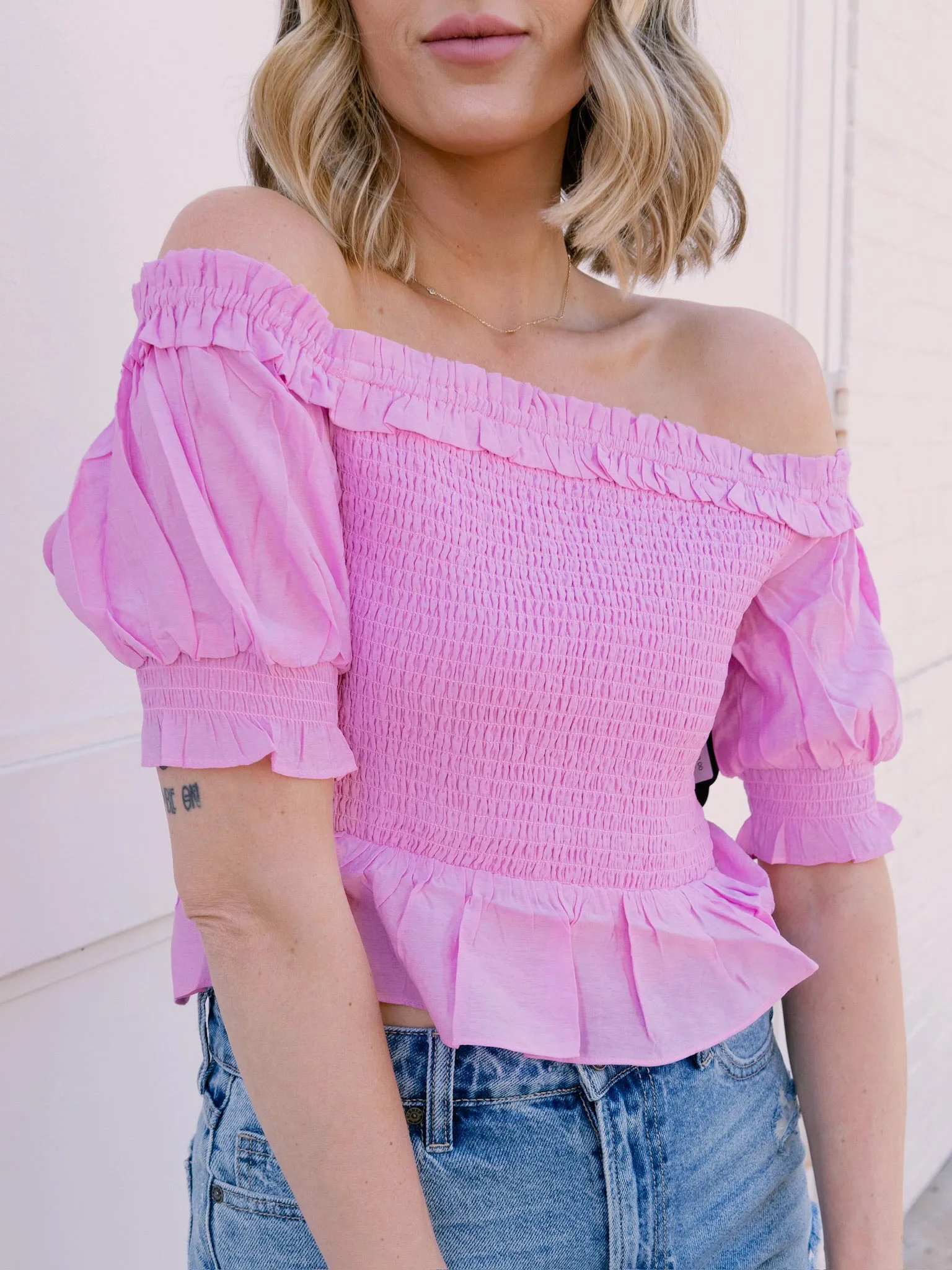 Endless Rose Pink Off The Shoulder Smocked Crop Top