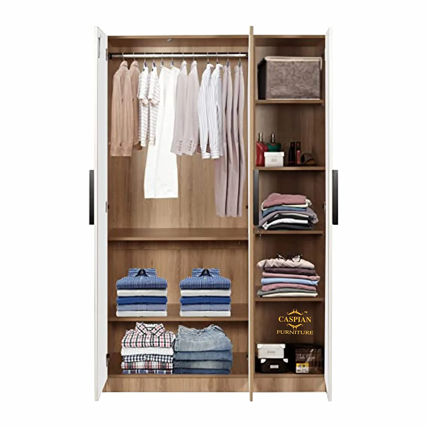 Engineered Wood 3 Door Wardrobe with Drawer, Shelves & Hanging Space for Clothes || Wooden Utility Cupboard