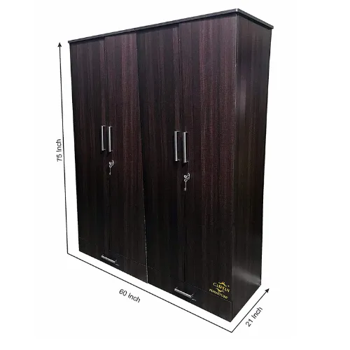 Engineered Wood 4 Door Wardrobe with Locker, Drawers and Hanging Space for Bedroom, Clothes - Black Wenge Finish, 75 x 60 x 19 Inch