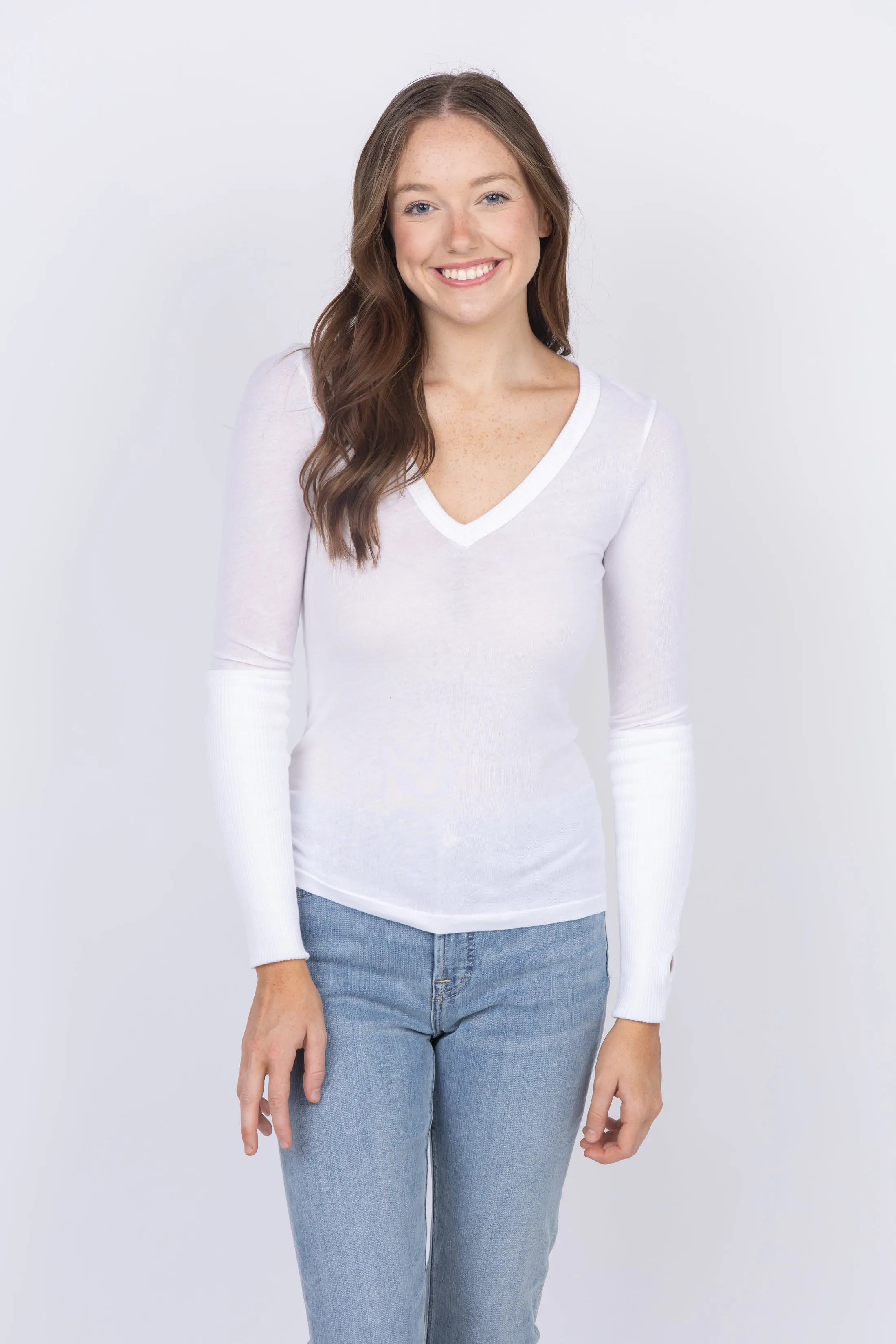 Enza Costa Cuffed V-Neck Tee in White
